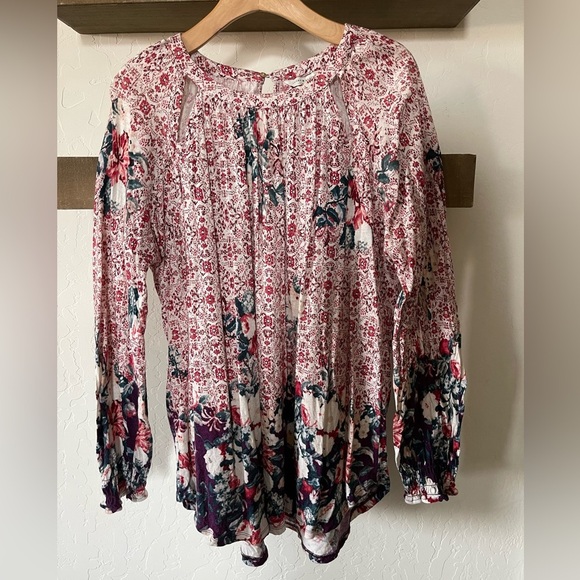 Lucky Brand|Boho Cut out knit cotton/linen blend floral blouse•••Size 1x🫶🏻 - Picture 2 of 11